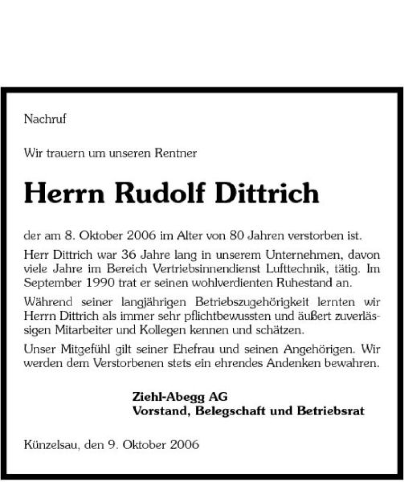  Traueranzeige für Rudolf Dittrich vom 10.10.2006 aus 