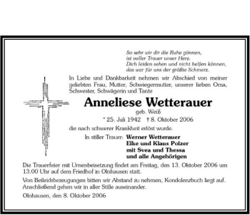 Traueranzeige von Anneliese Wetterauer 