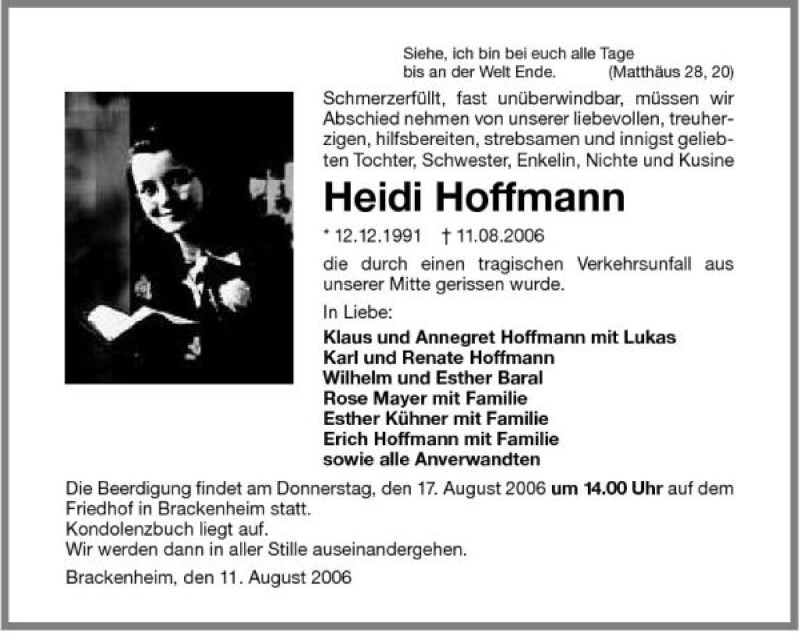  Traueranzeige für Heidi Hoffmann vom 15.08.2006 aus 