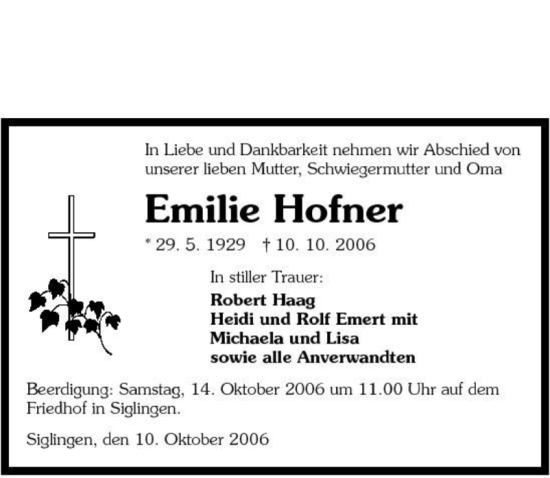  Traueranzeige für Emilie Hofner vom 12.10.2006 aus 