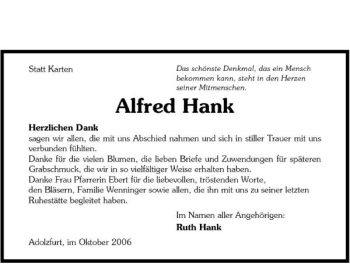 Traueranzeige von Alfred Hank 
