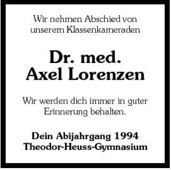 Traueranzeige von Axel Lorenzen 