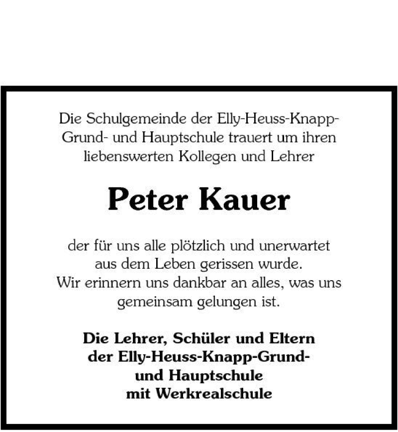  Traueranzeige für Peter Kauer vom 13.10.2006 aus 