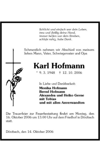Traueranzeige von Karl Hofmann 