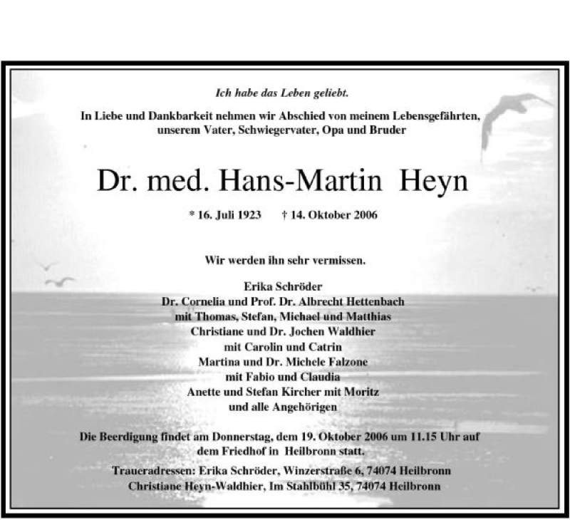  Traueranzeige für Dr. med. Hans-Martin Heyn vom 16.10.2006 aus 