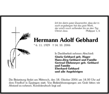 Traueranzeige von Hermann Adolf Gebhard 