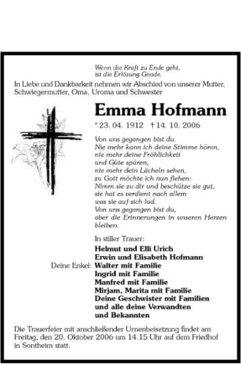 Traueranzeige von Emma Hofmann 