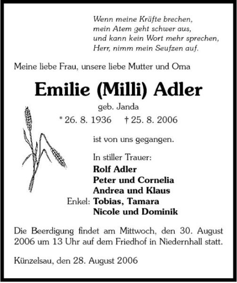  Traueranzeige für Emilie Adler vom 28.08.2006 aus 