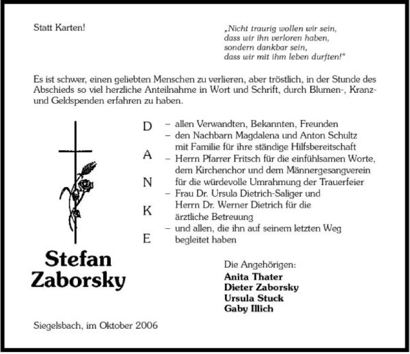  Traueranzeige für Stefan Zaborsky vom 21.10.2006 aus 