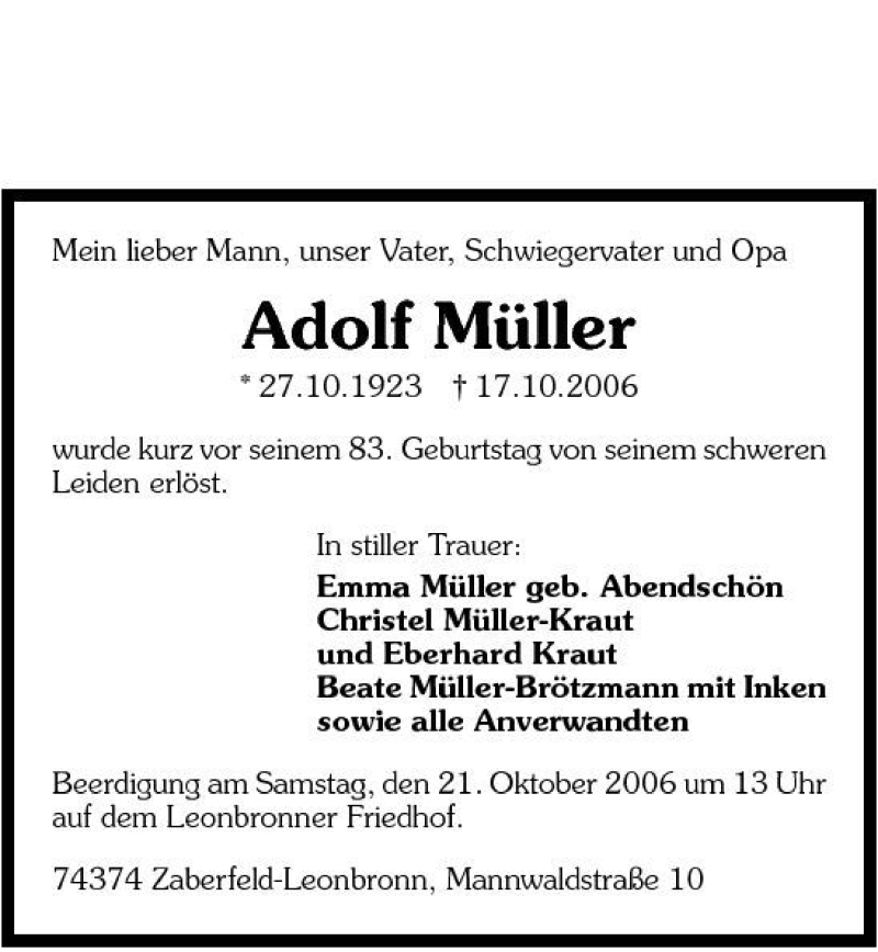  Traueranzeige für Adolf Müller vom 19.10.2006 aus 