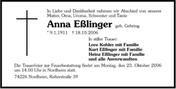 Traueranzeige von Anna Eßlinger 