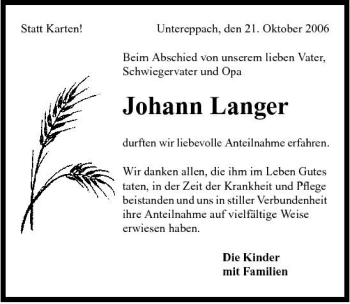 Traueranzeige von Johann Langer 