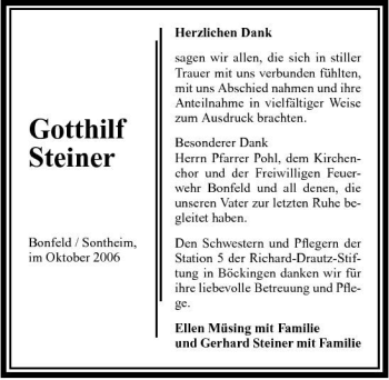 Traueranzeige von Gotthilf Steiner 