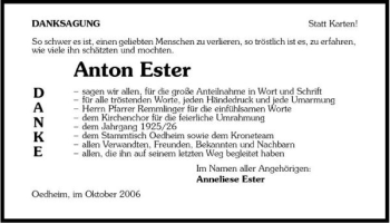 Traueranzeige von Anton Ester 