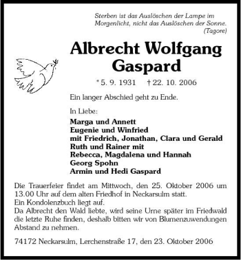 Traueranzeige von Albrecht Wolfgang Gaspard 