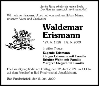Traueranzeige von Waldemar Erismann 