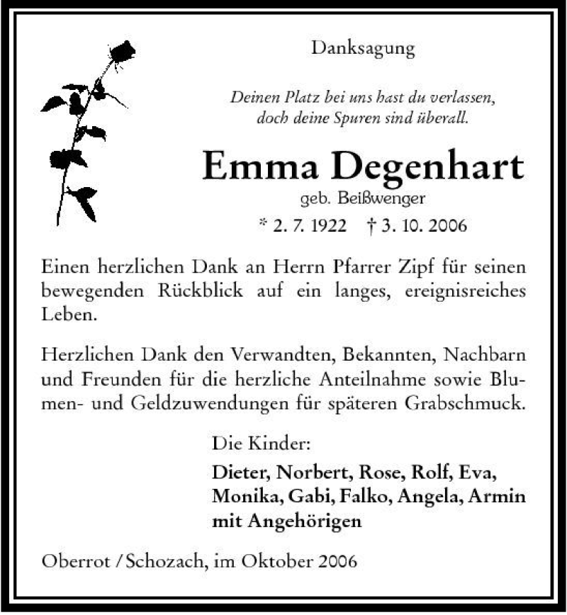  Traueranzeige für Emma Degenhart vom 28.10.2006 aus 