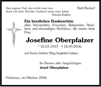 Traueranzeige von Josefine Oberpfalzer 