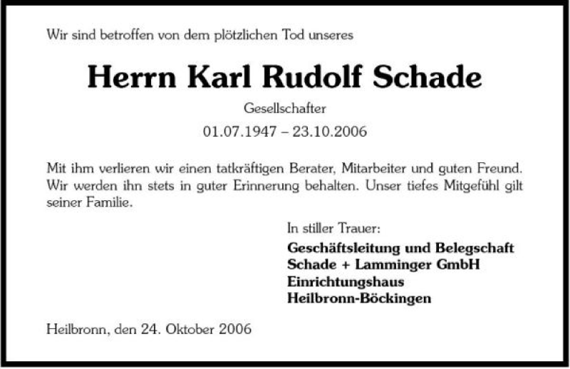  Traueranzeige für Karl Rudolf Schade vom 25.10.2006 aus 