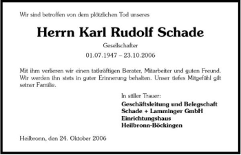 Traueranzeige von Karl Rudolf Schade 