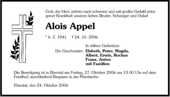 Traueranzeige von Alois Appel 