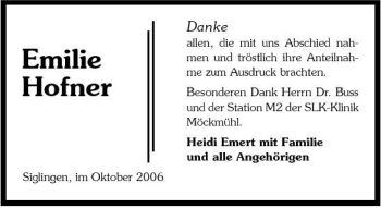 Traueranzeige von Emilie Hofner 