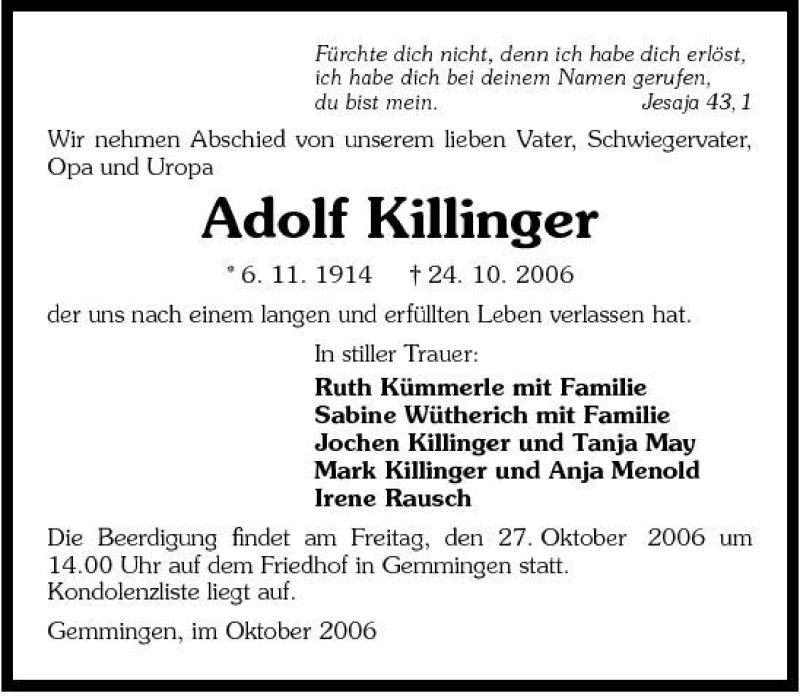  Traueranzeige für Adolf Killinger vom 26.10.2006 aus 