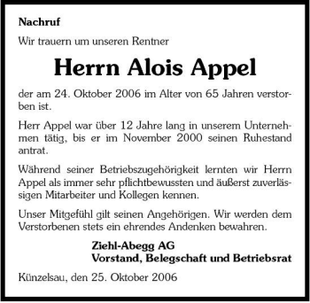 Traueranzeige von Alois Appel 