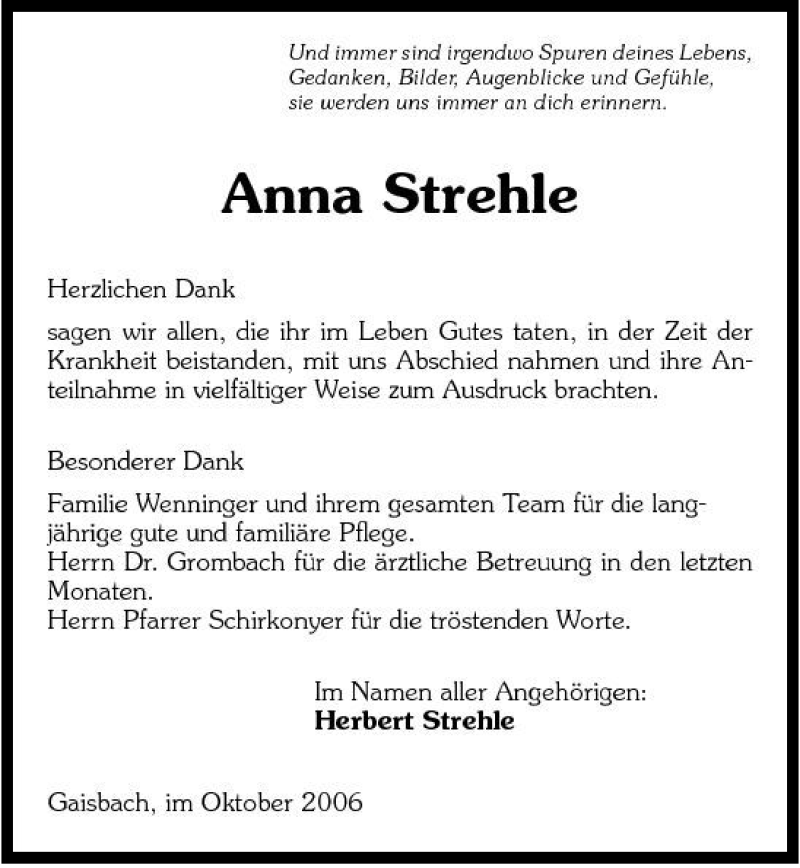  Traueranzeige für Anna Strehle vom 28.10.2006 aus 