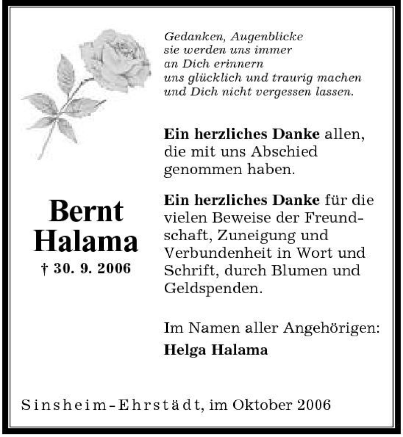  Traueranzeige für Traueranzeige Bernt Halama vom 28.10.2006 aus 