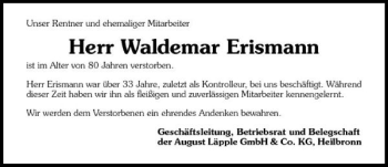 Traueranzeige von Waldemar Erismann 