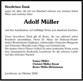 Traueranzeige von Adolf Müller 