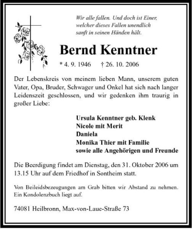  Traueranzeige für Bernd Kenntner vom 28.10.2006 aus 