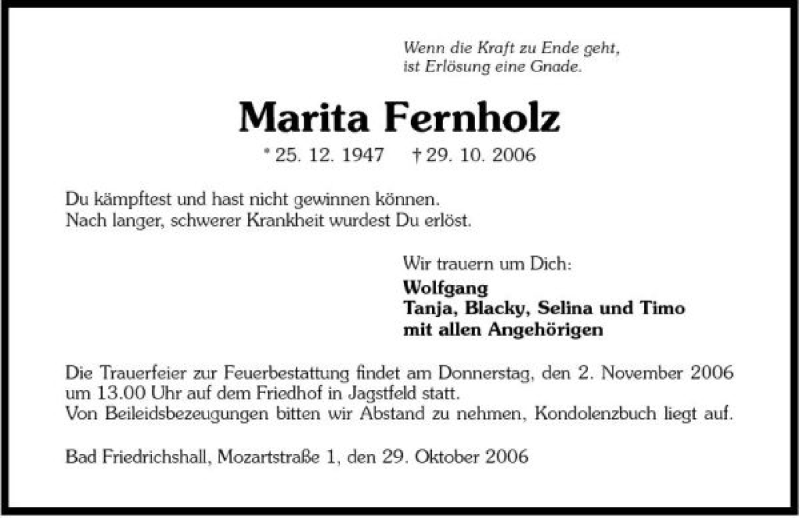  Traueranzeige für Marita Fernholz vom 31.10.2006 aus 