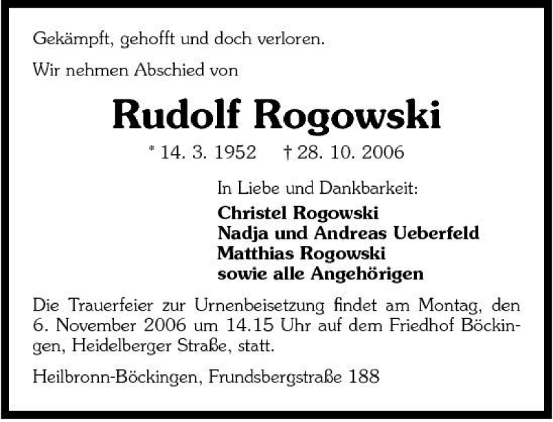  Traueranzeige für Rudolf Rogowski vom 31.10.2006 aus 