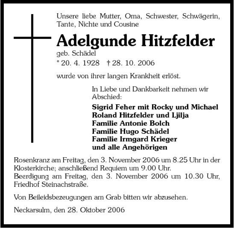  Traueranzeige für Adelgunde Hitzfelder vom 31.10.2006 aus 