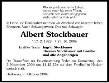 Traueranzeige von Albert Stockbauer 