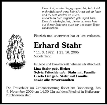 Traueranzeige von Erhard Stahr 