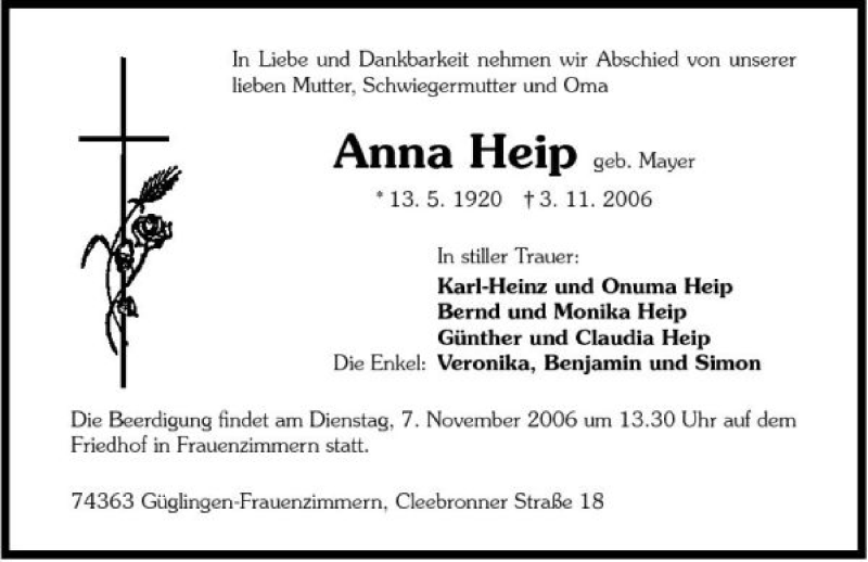  Traueranzeige für Anna Heip vom 04.11.2006 aus 