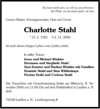 Traueranzeige von Charlotte Stahl 