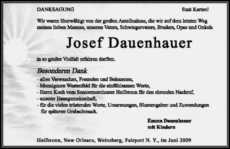  Traueranzeige für Josef Dauenhauer vom 13.06.2009 aus 