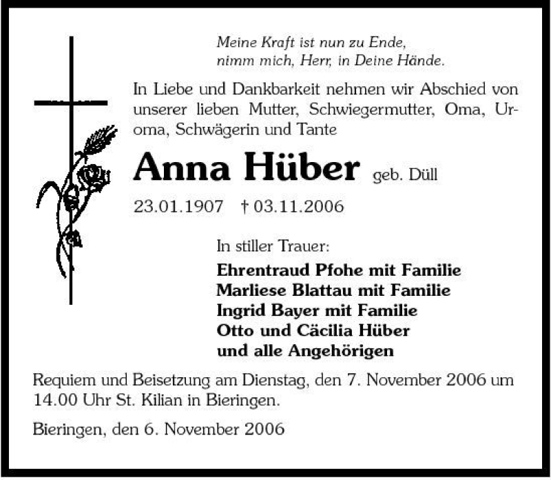  Traueranzeige für Anna Hüber vom 06.11.2006 aus 