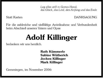 Traueranzeige von Adolf Killinger 