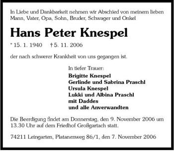 Traueranzeige von Hans Peter Knespel 