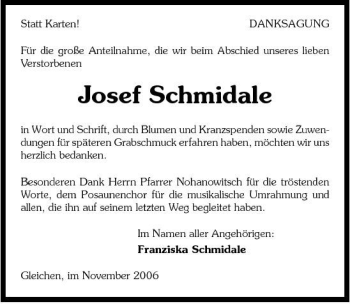 Traueranzeige von Josef Schmidale 