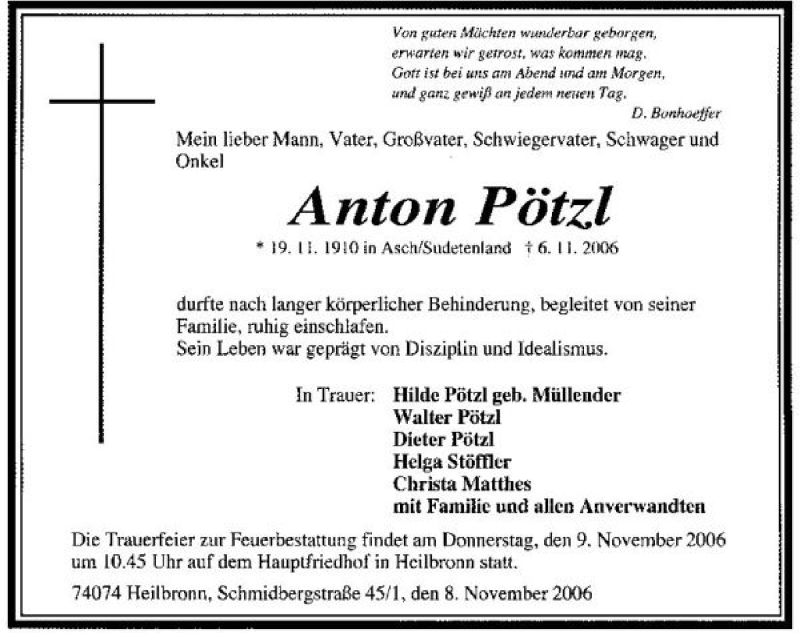  Traueranzeige für Anton Pötzl vom 08.11.2006 aus 