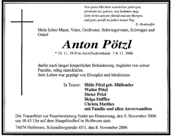 Traueranzeige von Anton Pötzl 