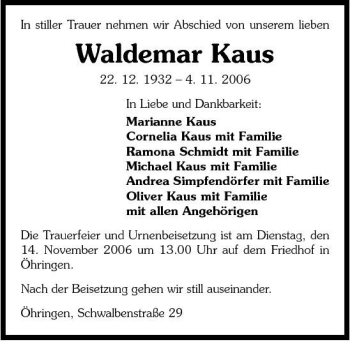 Traueranzeige von Waldemar Kaus 