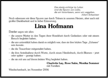 Traueranzeige von Lina Hofmann 