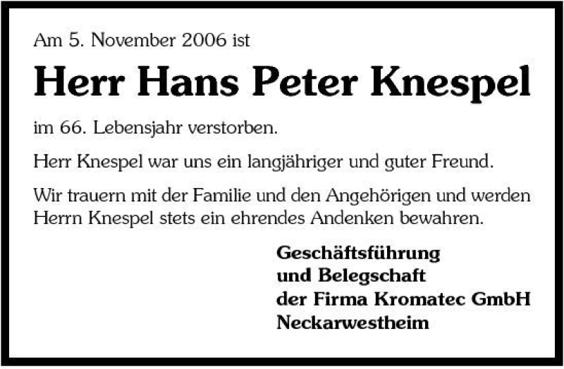  Traueranzeige für Hans Peter Knespel vom 09.11.2006 aus 